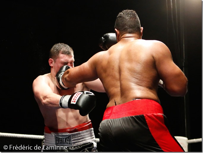 Pros Hervé Hubeaux (short noir et rouge) - Hrvoje Kisicek lors du Gala de boxe de Seilles qui s'est déroulé à Seilles - Andenne (Hall sportif) le 22/11 /2014.